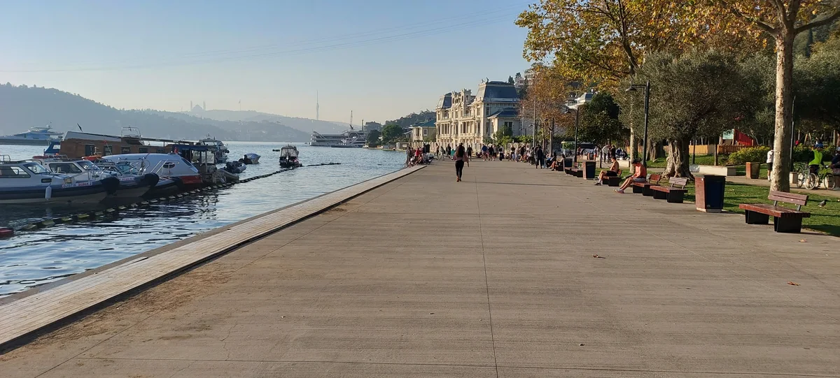 Bosphorus waterfront promenade and moored boats at Bebek
