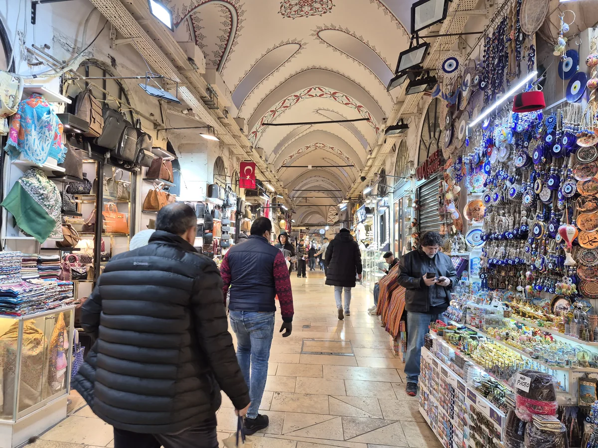 Covered shopping lane and colourful stalls inside the Grand Bazaar