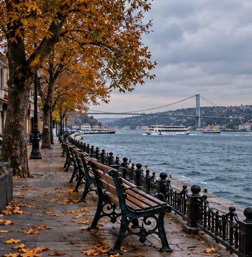 Autumn leaves and benches along a Bosphorus waterfront promenade beneath a cloudy sky