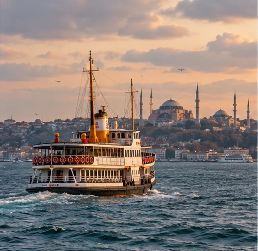 A passenger ferry on the Bosphorus with Istanbul's domes and minarets behind it