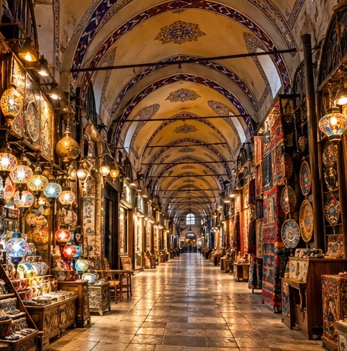A vaulted covered-bazaar passage lined with lamps, carpets and shops