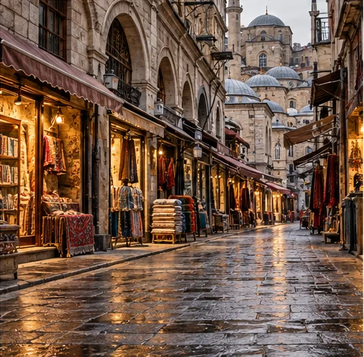 A rain-soaked shopping street with glowing shop windows and mosque domes in the background