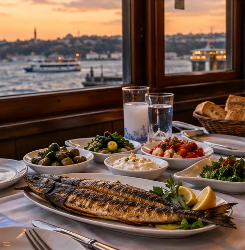 Grilled fish and meze on a table beside a window overlooking the Bosphorus