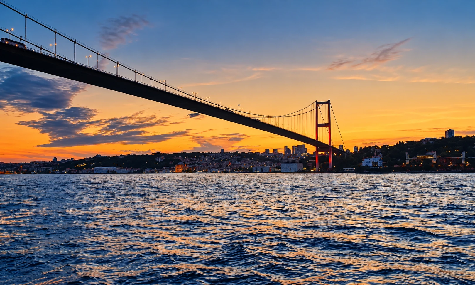 Bosphorus Bridge spanning the water at sunset, with Istanbul shoreline buildings