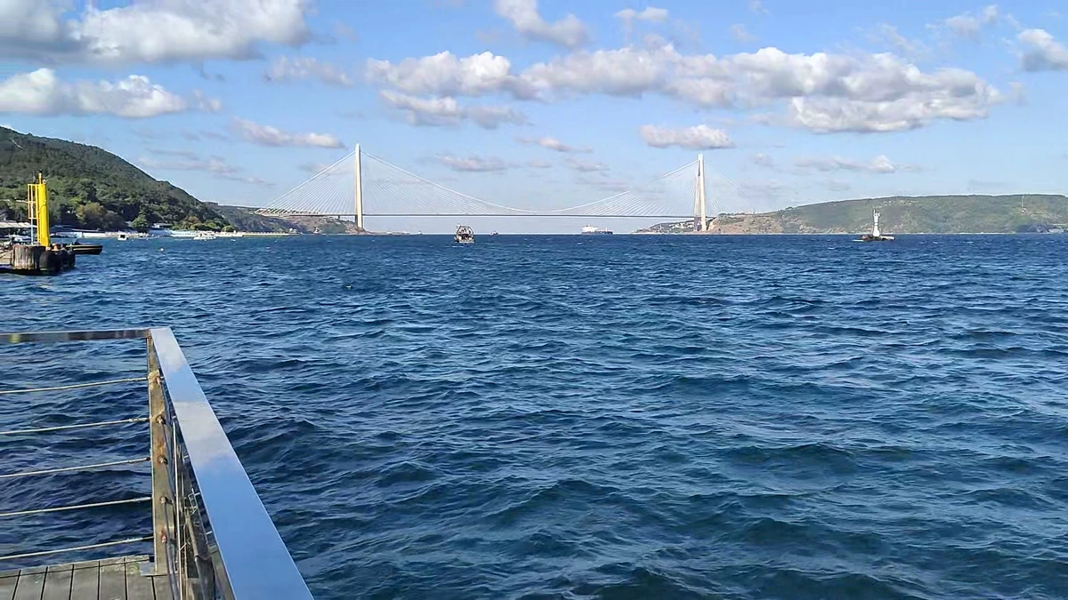 Blue Bosphorus water and Yavuz Sultan Selim Bridge viewed from the Rumeli Kavağı waterfront