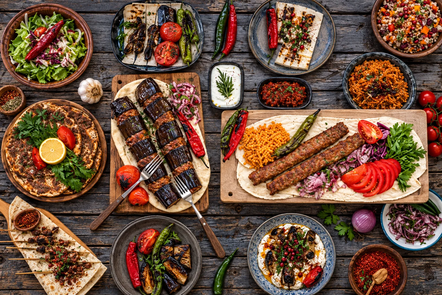 Turkish kebab table with grilled meat, aubergines, vegetables, flatbread, bulgur and side dishes