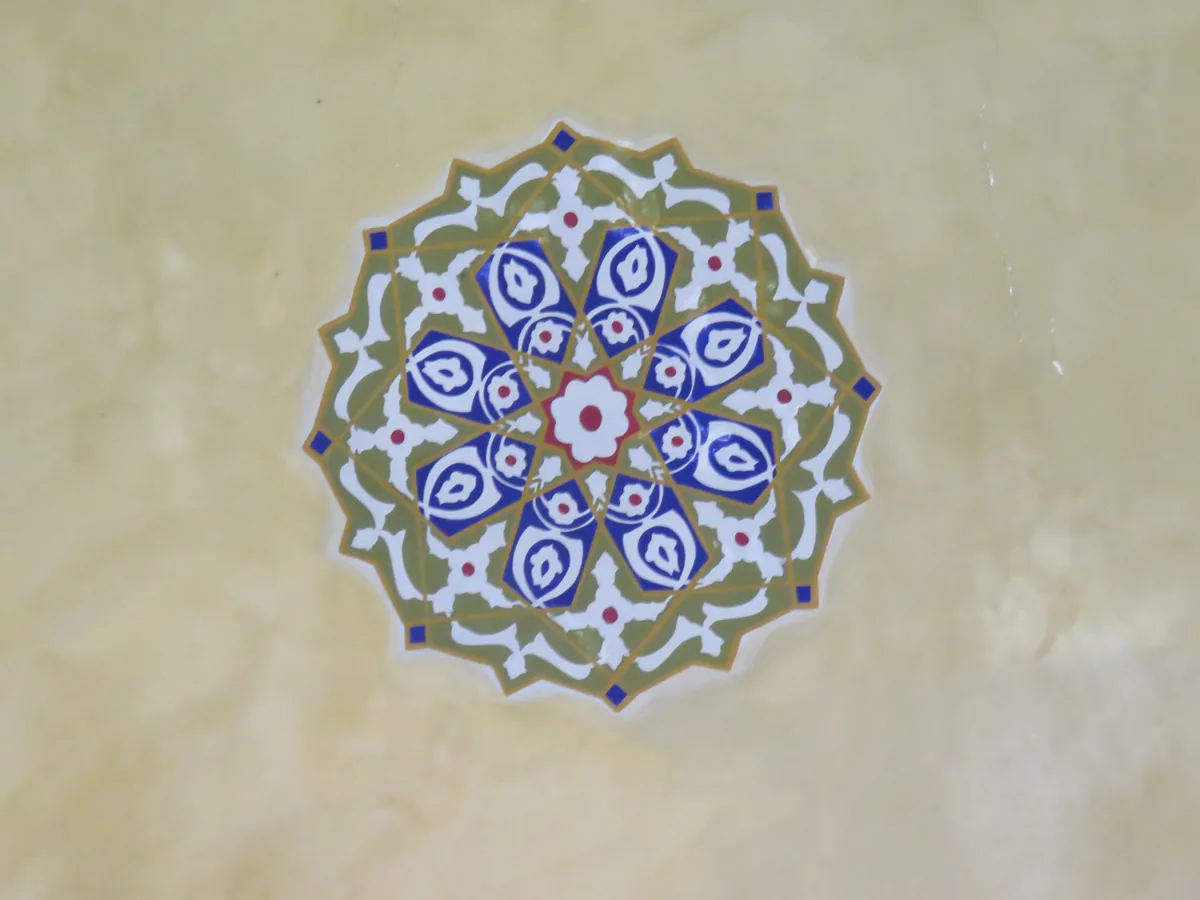 A blue and white painted ceiling motif inside the Grand Bazaar