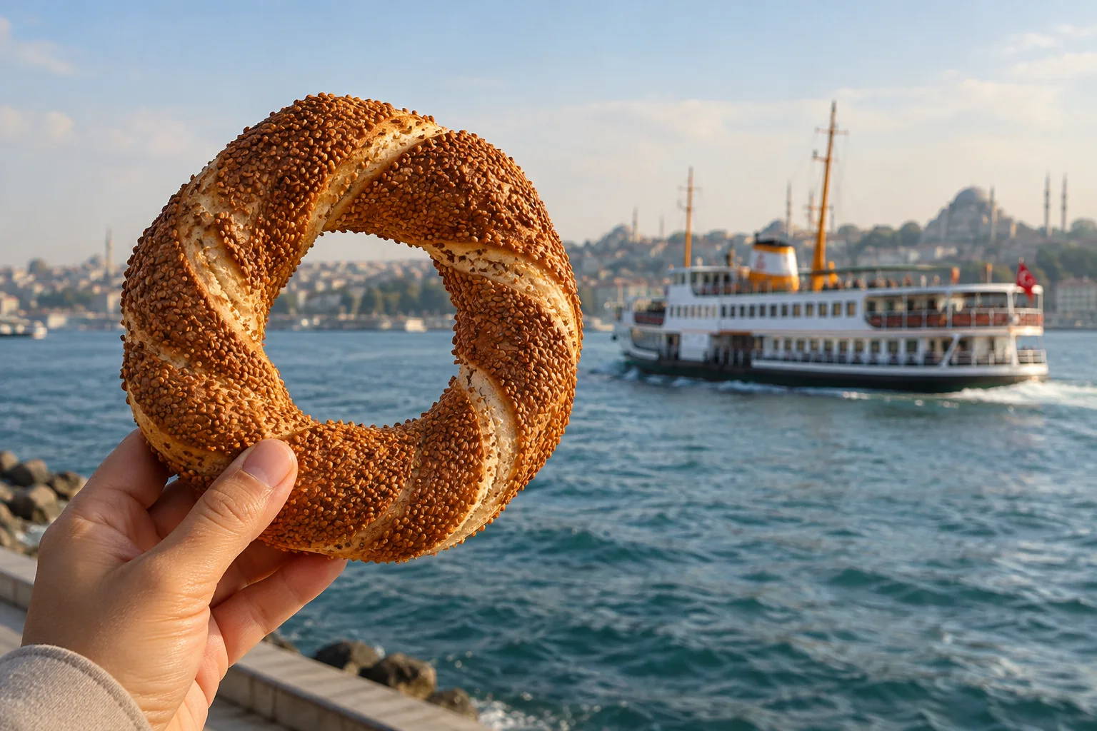 A hand holding a sesame-covered simit, with a passenger ferry on the Bosphorus behind it
