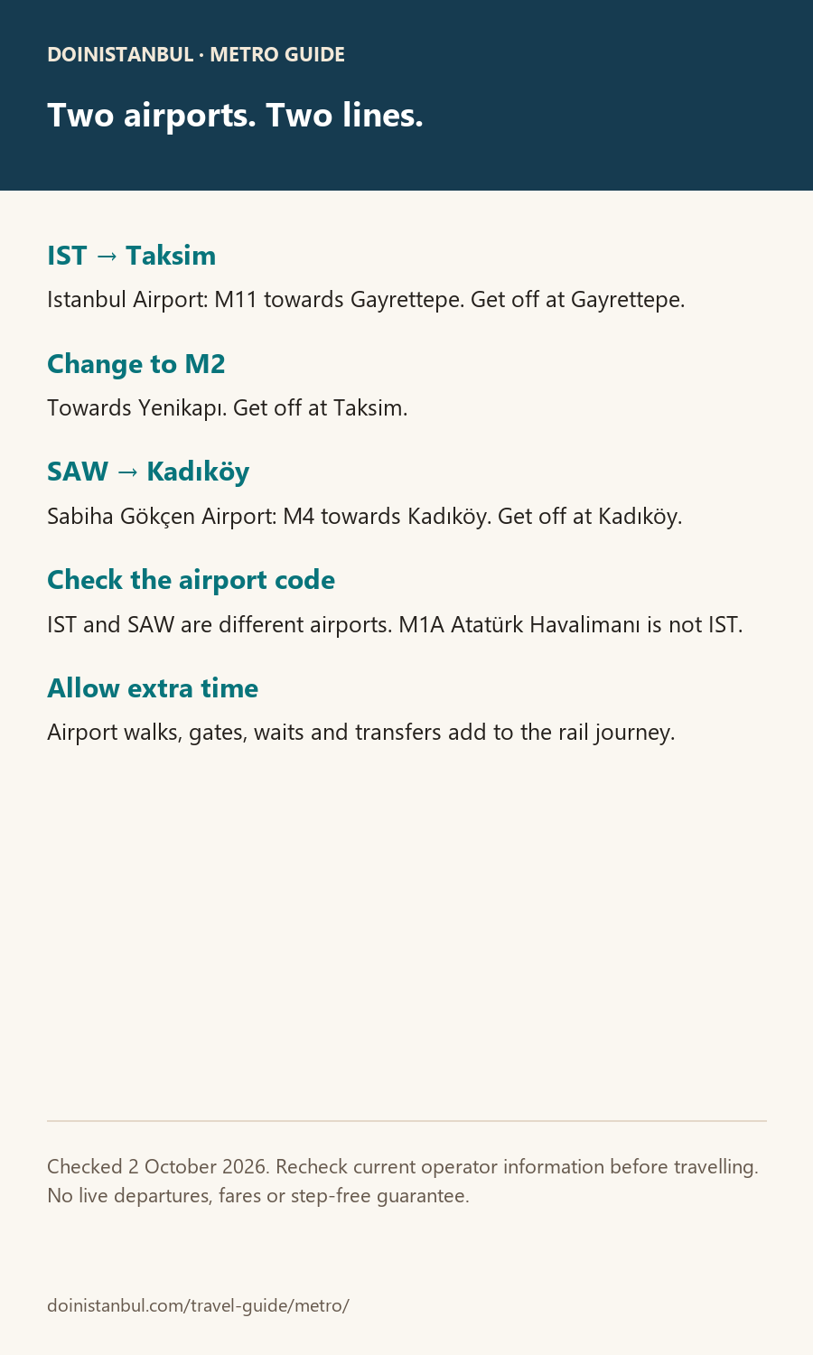 Offline airport card: IST uses M11 then M2 for Taksim, SAW uses M4 for Kadıköy