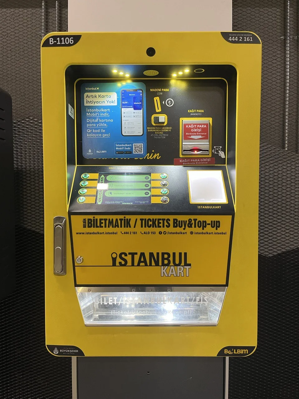 Yellow Istanbulkart Biletmatik with a screen and physical selection buttons