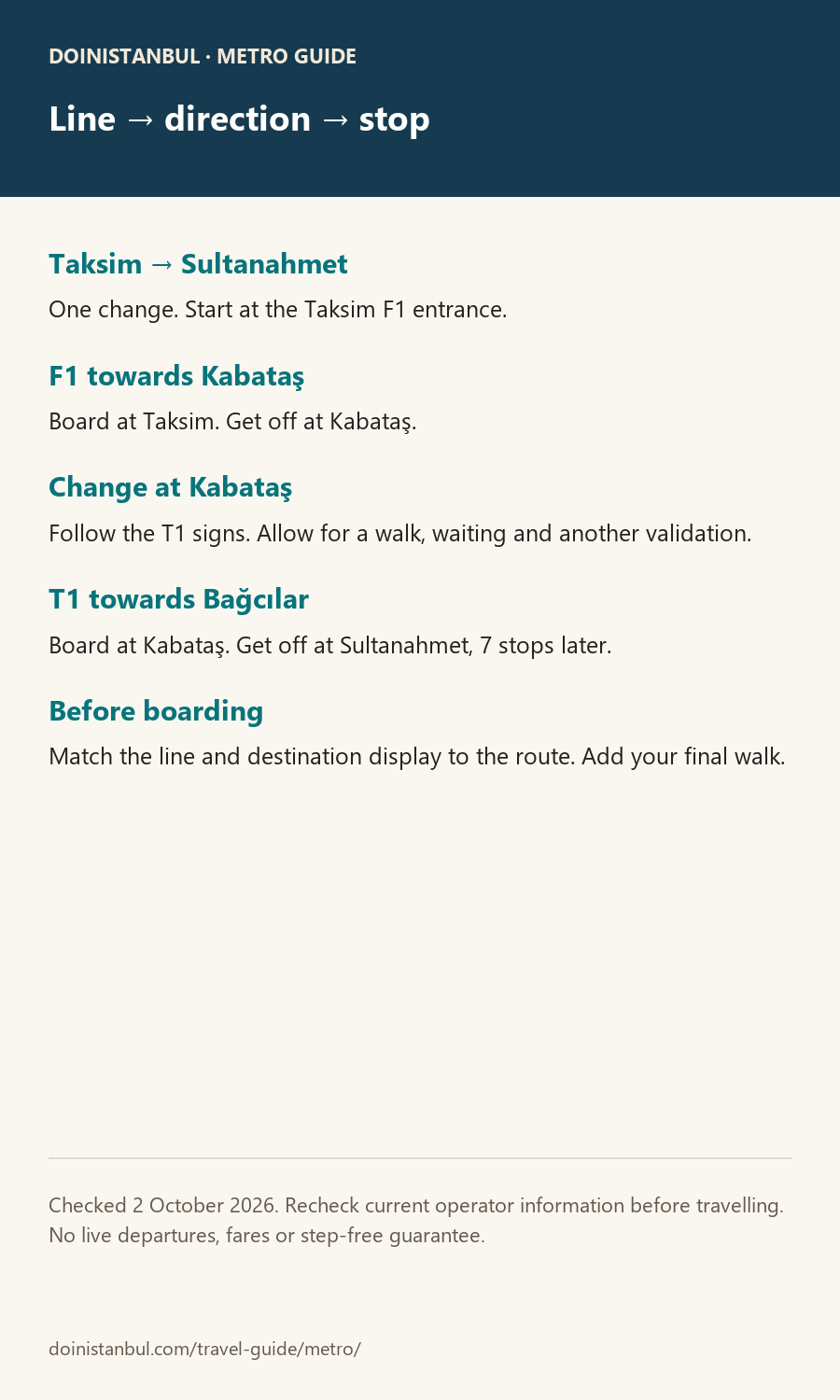 Offline card: Taksim F1 towards Kabataş, change to T1 towards Bağcılar and get off at Sultanahmet