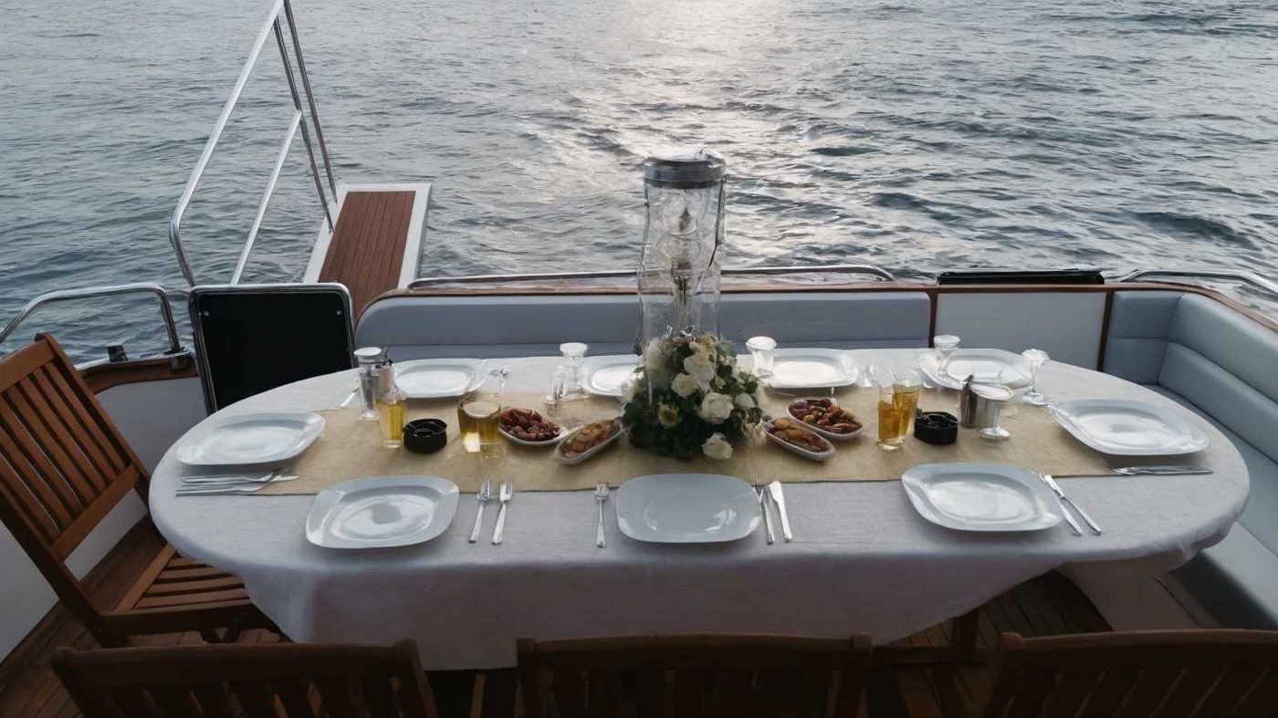 A small group’s dinner table on a private yacht on the Bosphorus in Istanbul