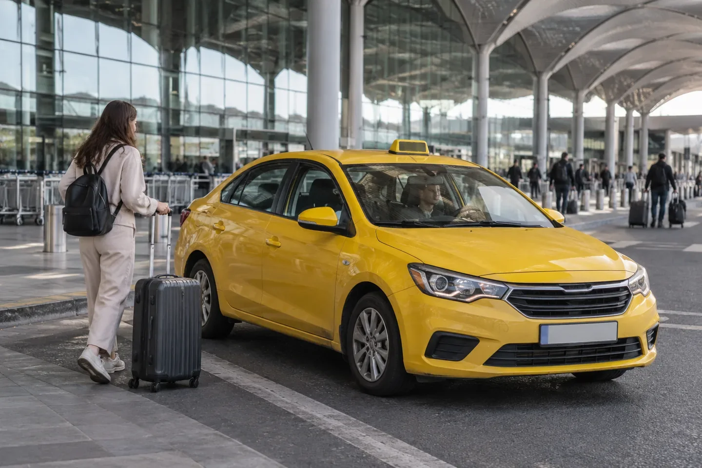 A yellow taxi and a traveller with luggage outside an airport terminal.