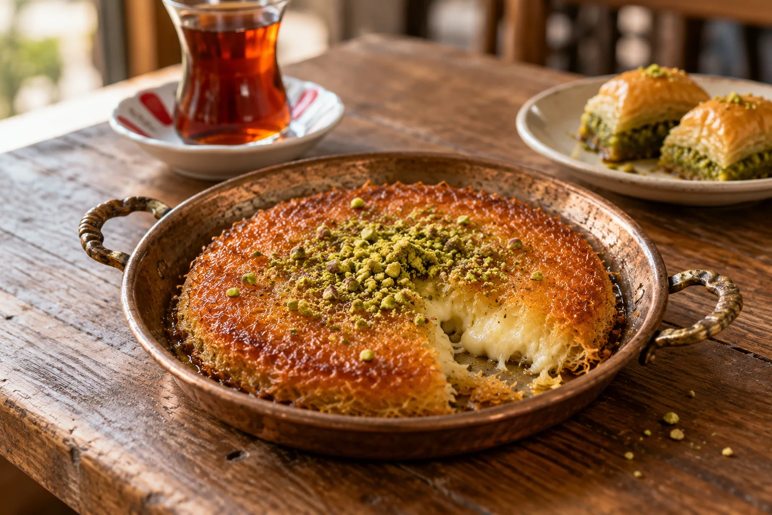 Künefe mit Pistazien in einer Kupferpfanne, dazu türkischer Tee und Baklava