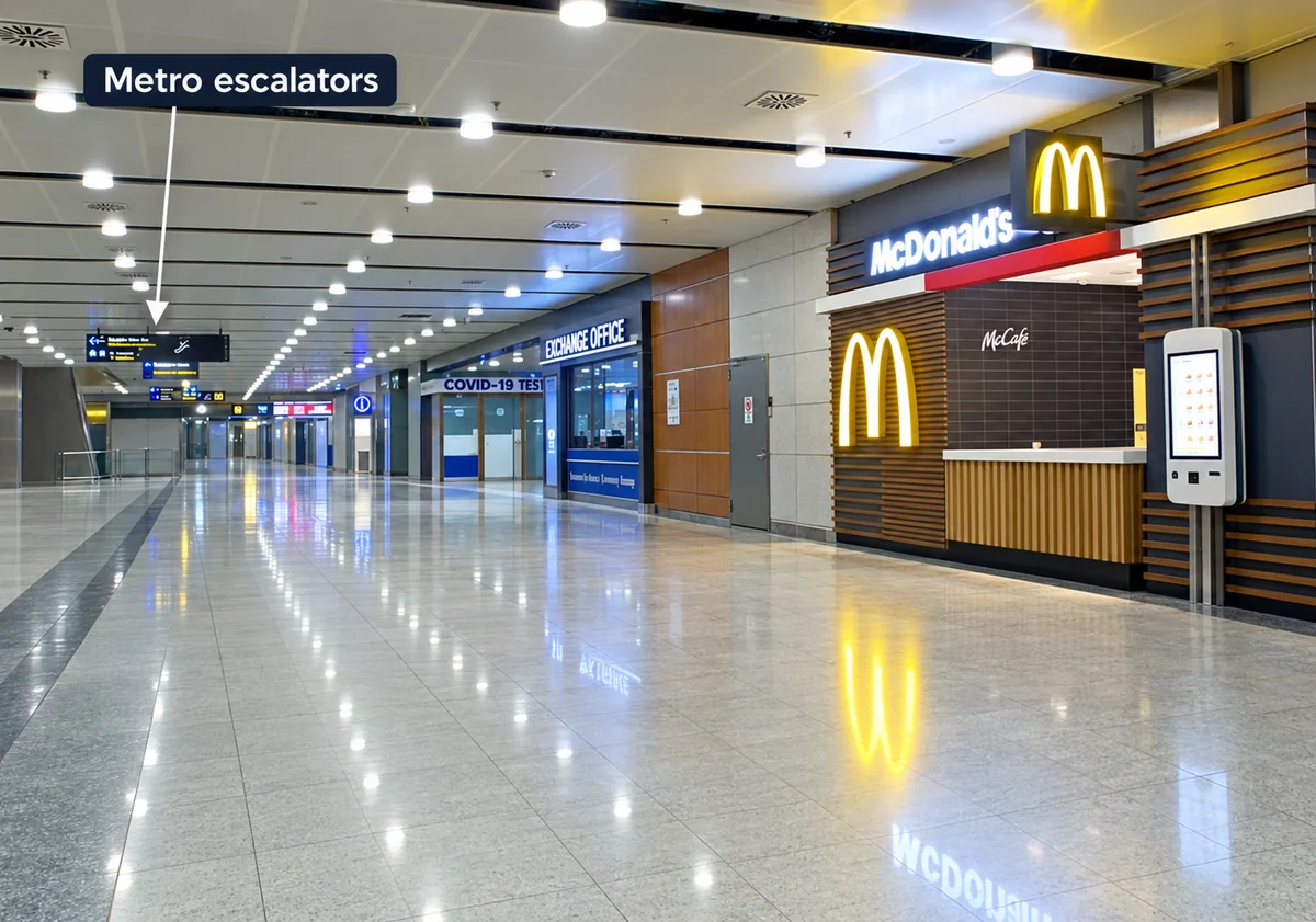Sabiha Gökçen Airport corridor with an arrow pointing towards the metro escalators
