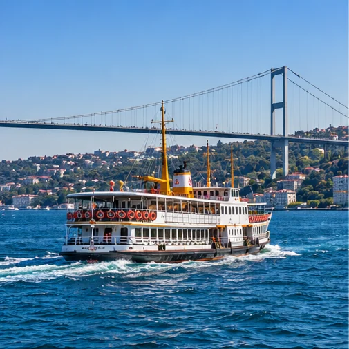 A passenger ferry on the blue Bosphorus beneath a suspension bridge on a sunny day