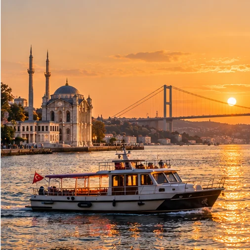 A sightseeing boat on the Bosphorus at sunset with a waterfront mosque and suspension bridge behind it