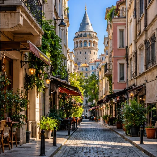 A sunlit cobbled street with cafés, greenery and Galata Tower in the distance