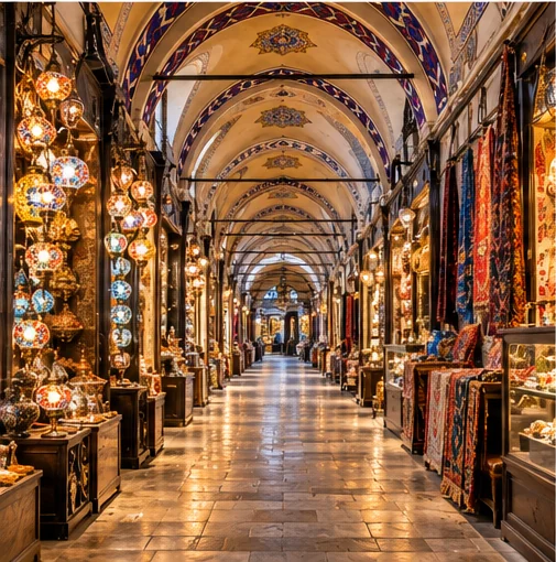 A covered bazaar passage with decorated vaults, hanging lamps and shop displays