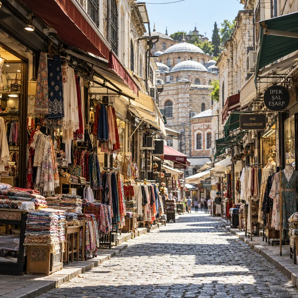 A sunlit shopping lane with textiles, awnings and a mosque in the distance