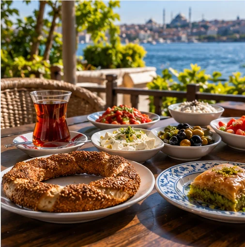Turkish tea, simit, pastry and small dishes on a waterfront table overlooking the Bosphorus