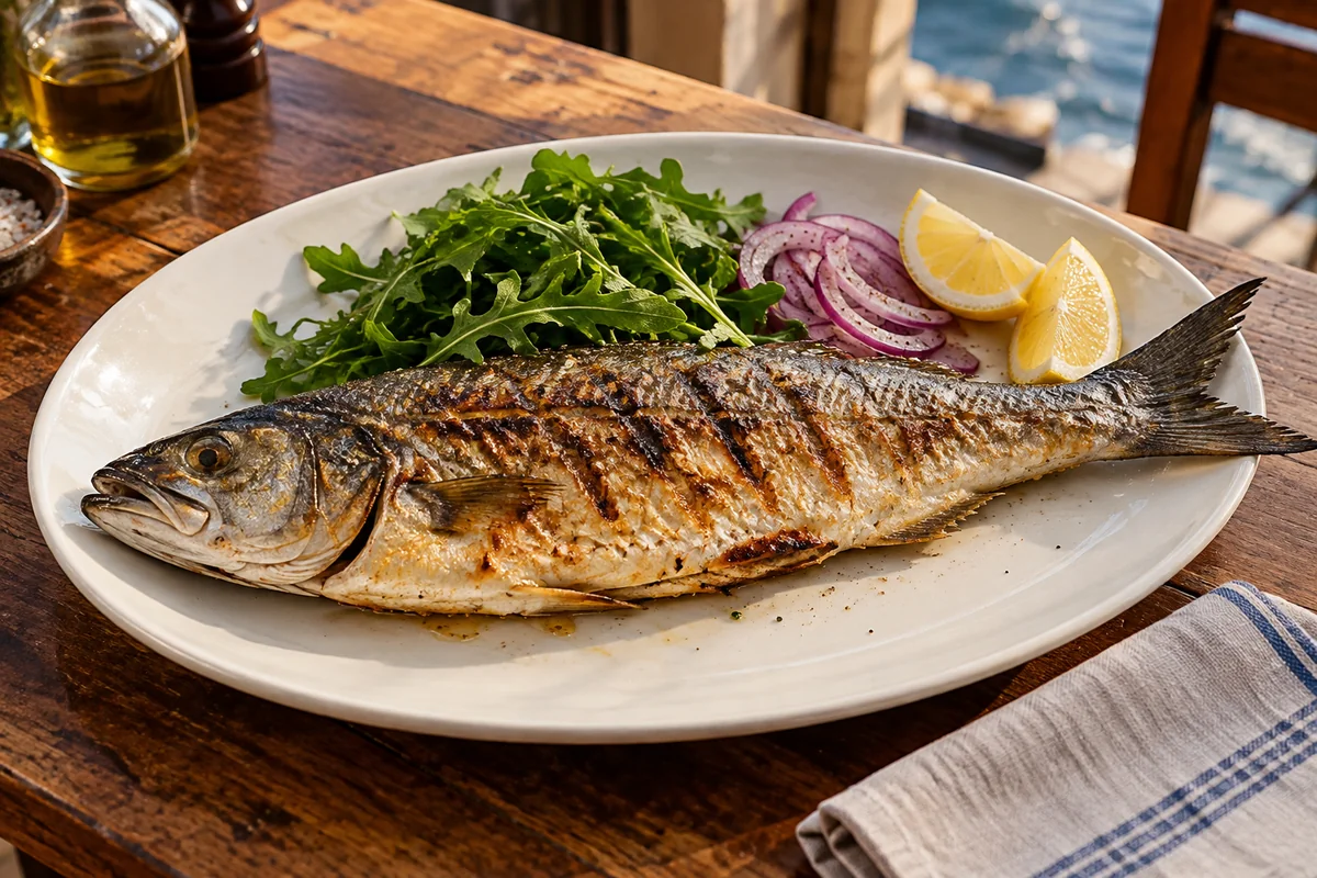 Grilled lüfer on a white plate with lemon, rocket leaves and red onion